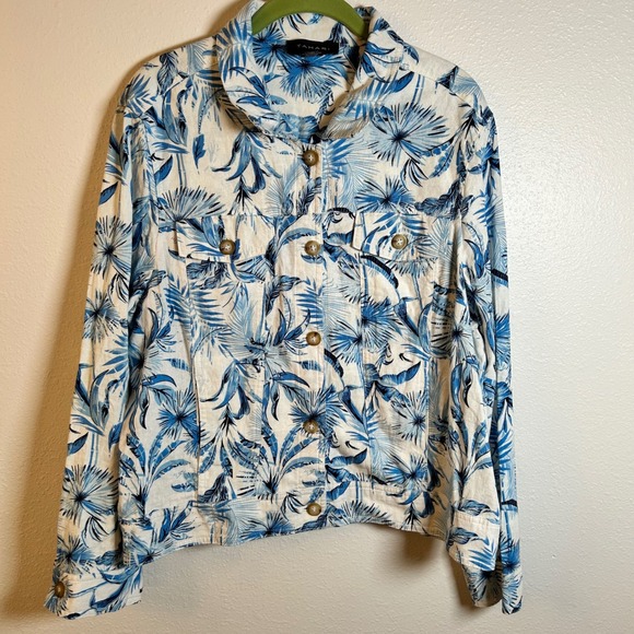Tahari Women Blue White Tropical Leaf Print Linen Viscose Button Down Jacket XL - Picture 2 of 8
